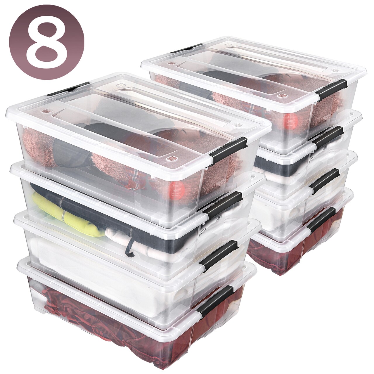 Sorbus 8 Pack 40qt Clear Underbed Stackable Storage Bins with Lids and Handles - Versatile storage for Clothing, Bedding, and More